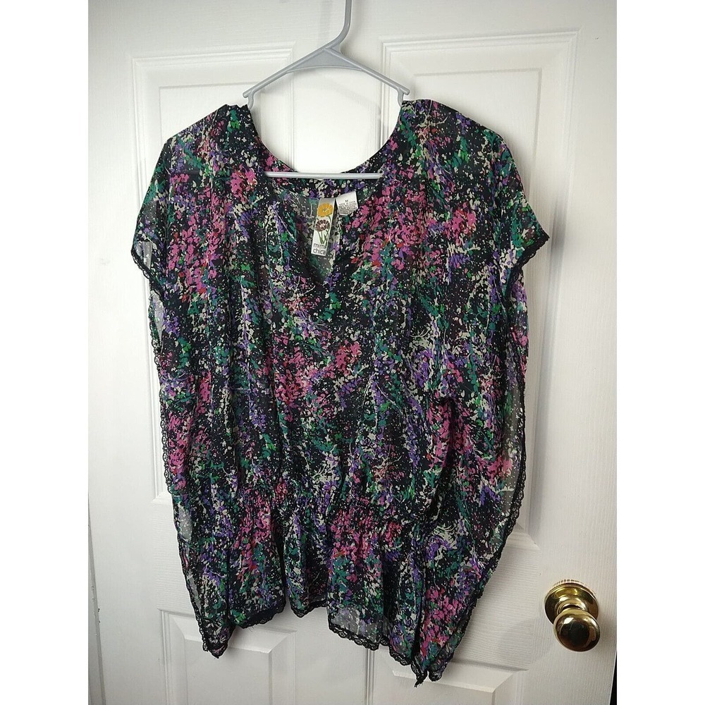 Mimi Chica Semi Sheer Black Artsy Cape V Neck Pullover Top. Size M